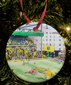Norwich City Stadium Water Colour Christmas Tree Decoration Bauble By Sam Edwards Artist