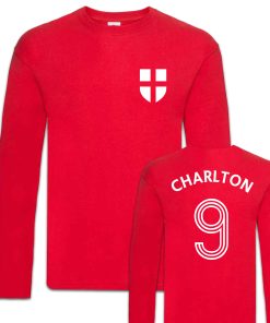 England World Cup 1966 Charlton No.9 Football Shirt Red Long Sleeved T-Shirt Fancy Dress