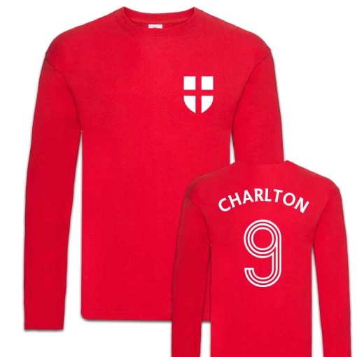 England World Cup 1966 Charlton No.9 Football Shirt Red Long Sleeved T-Shirt Fancy Dress