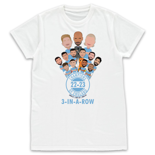 Man City Champions Of England 2023 White T-Shirt Vector Heroes 3 In A Row Design 2 - Image 2