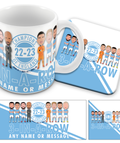 Man City Personalised Champions Of England 2023 Mug and Coaster Set 3 In A Row