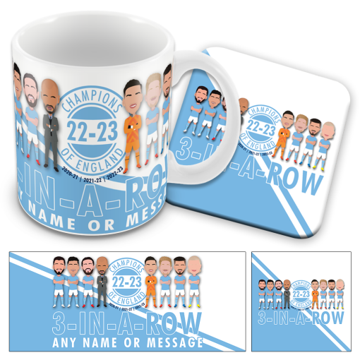 Man City Personalised Champions Of England 2023 Mug and Coaster Set 3 In A Row