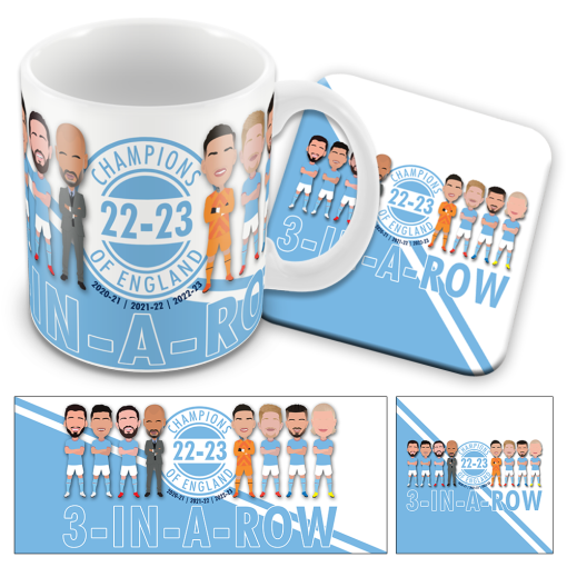 Man City Champions Of England 2023 Mug and Coaster Set 3 In A Row