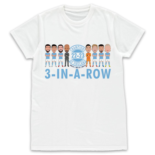 Man City Champions Of England 2023 White T-Shirt Vector Heroes 3 In A Row - Image 2