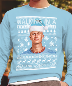 Erling Haaland Walking in A Haaland Wonderland City Christmas Jumper Sky Blue Manchester Man