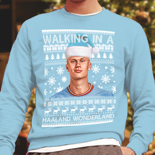 Erling Haaland Walking in A Haaland Wonderland City Christmas Jumper Sky Blue Manchester Man