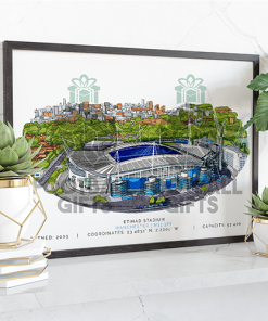 Man City Around The Grounds Etihad Stadium Water Colour Print Framed Print