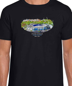 Man City Around The Grounds Etihad Stadium Water Colour Black T-Shirt