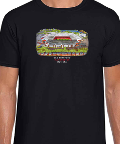 Man Utd Around The Grounds Old Trafford Water Colour Black T-Shirt