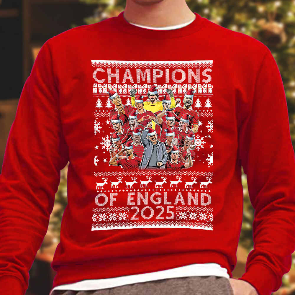 Liverpool Champions of England 2025 Christmas Jumper Red Santa Hats