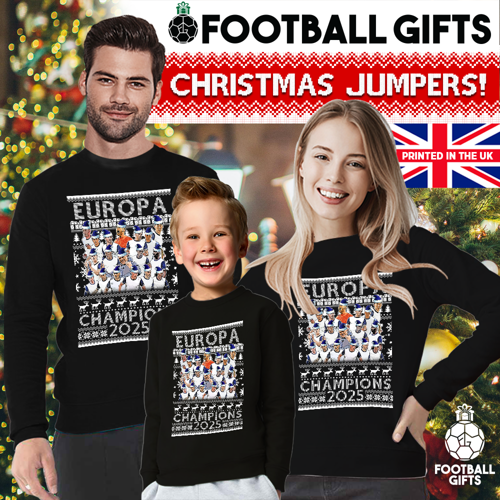 Spurs Europa Champions 2025 Christmas Jumper Black Santa Hats - Image 2