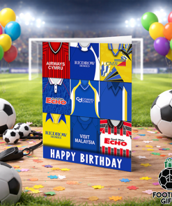Cardiff City Happy Birthday Greeting Card Retro Shirt Montage Classic Kits