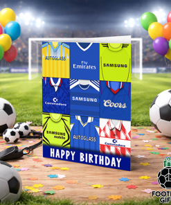 Chelsea Happy Birthday Greeting Card Retro Shirt Montage Classic Kits