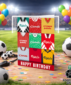 Liverpool Happy Birthday Greeting Card Retro Shirt Montage Classic Kits