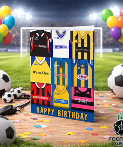 Shrewsbury Town Happy Birthday Greeting Card Retro Shirt Montage Classic Kits