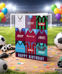Aston Villa Happy Birthday Greeting Card Retro Shirt Montage Classic Kits