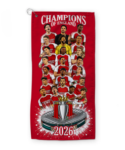Alternative view of Arsenal Champions Of England 2026 Golf Towel