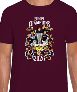 Aston Villa Europa Champions 2026 Burgundy T-Shirt Tee