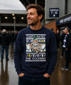 Santa Hates The Gooners Spurs Navy Christmas Jumper - Image 3