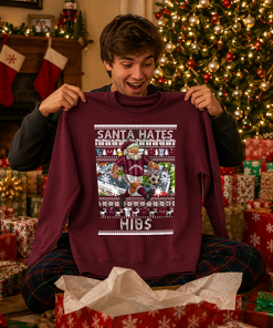Santa Hates Hibs Burgundy Hearts Christmas Jumper - Image 4