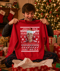 Jolly Old Saint Nikola Red Christmas Jumper Nikola Milenkovic Nottingham Forest Jumper - Image 4